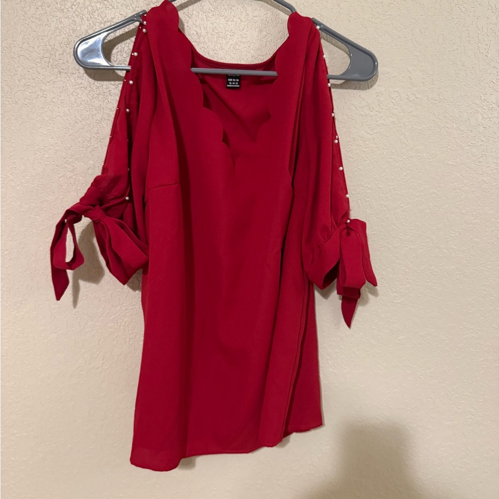 SHEIN Red Blouse with Pearl Details